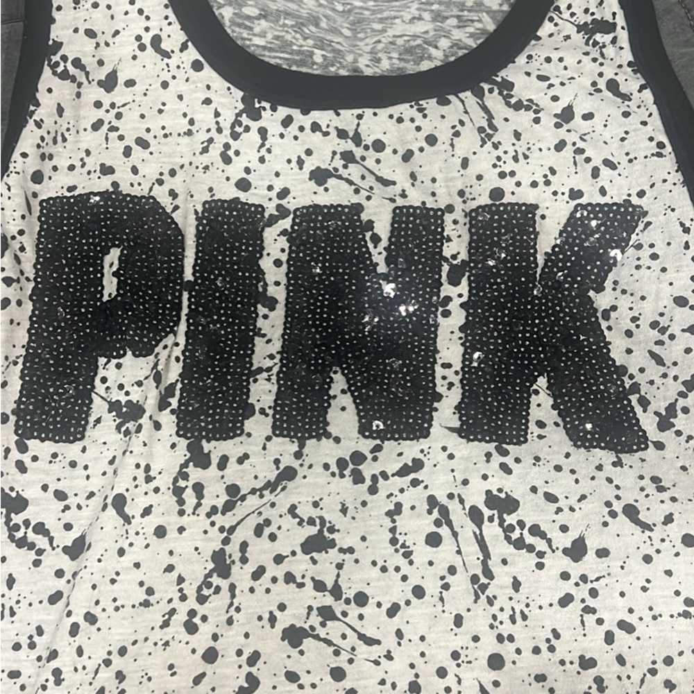 PINK Rhinestone Logo Tank – Black & White Splatter